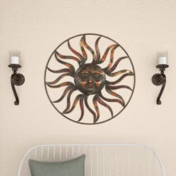 Metal Sunburst Indoor Outdoor Round Wall Decor With Distressed Copper Like Finish Brown - Olivia & May -Adesso Store GUEST 053a71c1 983e 401f 964a 8b67ffd8c371
