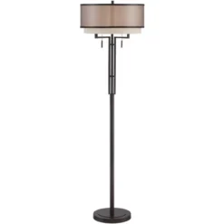 Franklin Iron Works Alamo Industrial Rustic Floor Lamp 62" Tall Bronze Metal Sheer Organza Outer Linen Fabric Inner Double Drum Shade For Living Room -Adesso Store GUEST 1a894296 1c14 4fa0 9c4d d37755722826