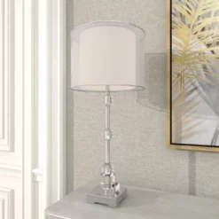 Glass Table Lamp With Drum Shade Silver - Olivia & May -Adesso Store GUEST 2470de94 d315 4f56 8629 165bbbc95695