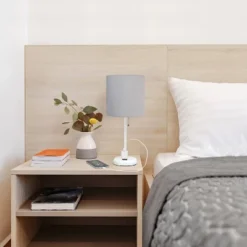 19.5" Bedside Power Outlet Base Metal Table Desk Lamp In White With Gray Fabric Shade - Creekwood Home -Adesso Store GUEST 323aceae 1637 430b b380 1dcb6147741e