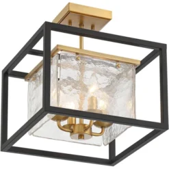 Possini Euro Design Liston Modern Ceiling Light Semi Flush Mount Fixture 14" Wide Black Brass 4-Light Ice Glass Panels For Bedroom Kitchen Living Room -Adesso Store GUEST 3652380e 68b9 4c64 908c 0a022ee464fe