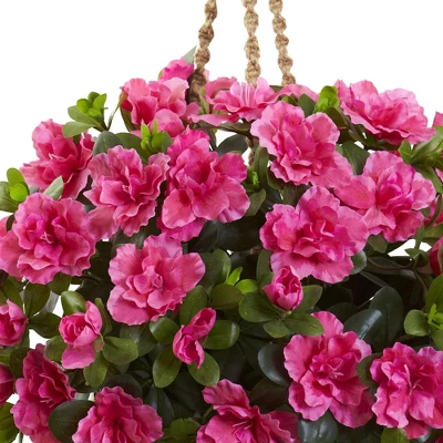28" X 18" Artificial Azalea Hanging Basket Pink/Natural - Nearly Natural 3 28" X 18" Artificial Azalea Hanging Basket Pink/Natural - Nearly Natural
