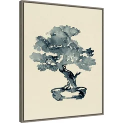 22" X 28" Indigo Bonsai Tree III By Jacob Green Framed Canvas Wall Art Gray Wash - Amanti Art