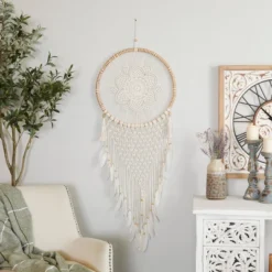 Cotton Macrame Handmade Intricately Woven Dreamcatcher Wall Decor With Beaded Fringe Tassels White - Olivia & May -Adesso Store GUEST 4e66251e 8375 42c2 8ef4 3d3c016236eb