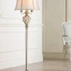 Barnes And Ivy Olde Vintage Floor Lamp 63 1/2" Tall Olde Silver With LED Nightlight Mercury Glass Faux Silk Bell Shade For Living Room Office House