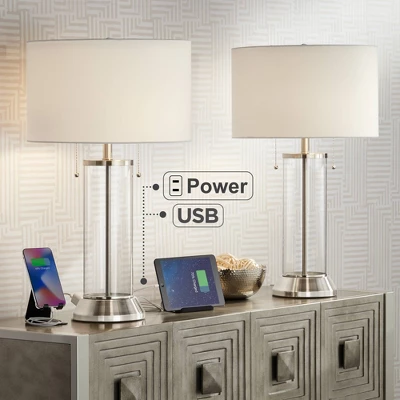 Possini Euro Design Fritz Modern Table Lamps 26 1/2" High Set Of 2 Silver Clear Glass With USB And AC Power Outlet In Base Drum Shade For Bedroom Desk 3 Possini Euro Design Fritz Modern Table Lamps 26 1/2" High Set Of 2 Silver Clear Glass With USB And AC Power Outlet In Base Drum Shade For Bedroom Desk
