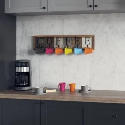 Emma And Oliver Distressed Rustic Coffee Sign With 6 Sturdy Metal Hooks To Accommodate Most Mug Sizes