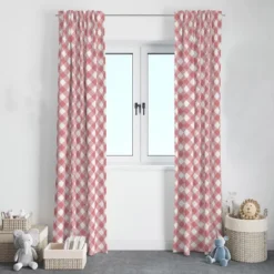 Bacati - Check Plaids Printed Coral Cotton Printed Single Window Curtain Panel