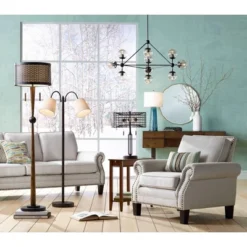 Franklin Iron Works Modern Mid Century Farmhouse Rustic Floor Lamp 64" Tall Bronze Cherry Wood Metal Cream Double Drum Shade For Living Room Reading -Adesso Store GUEST 8778746e a651 4f25 bf32 7ca27c5ef7ef