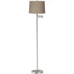 360 Lighting Modern Floor Lamp Swing Arm 60.5" Tall Brushed Nickel Natural Linen Drum Shade For Living Room Reading Bedroom Office