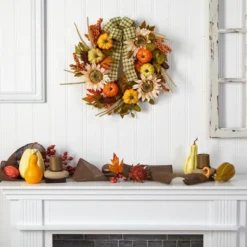 Nearly Natural 24” Fall Pumpkin, Sunflower Artificial Autumn Wreath With Decorative Ribbon -Adesso Store GUEST 8a0a59bd e39d 4b54 bbc4 eb2cfeddfe94