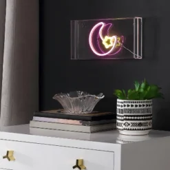 11.8" Moon Contemporary Glam Acrylic Box Pendant (Includes LED Light Bulb) Neon Pink/Yellow - JONATHAN Y -Adesso Store GUEST 8b4e4da4 f081 4acb 80b3 1bb34bf63ff3