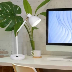 23" Mid-Century Antique Brass Adjustable Metal Table Lamp With Power Outlet Bulb White (Includes LED Light Bulb) - Cresswell Lighting