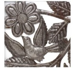 Global Crafts Flower & Birds In Flight Ringed Haitian Steel Drum Square Wall Art