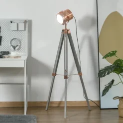 HOMCOM Vintage Tripod Floor Lamp, Height Adjustable Nautical Spotlight With Wood Legs, E12 Lamp Base For Living Room, Bedroom, Gray And Rose Gold -Adesso Store GUEST 963da756 6d53 43ec aed8 226585b1cc82