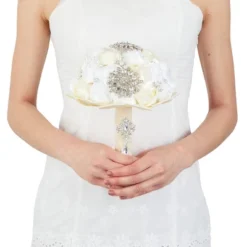 Sparkle And Bash Satin Artificial Rose Rhinestone Brooch Bouquet, Faux Fake Flowers For Wedding, Decorations & Quinceanera, Ivory, 8.5 In -Adesso Store GUEST 989f5d7c 2de2 4f3a 8996 36538a2ac7b3