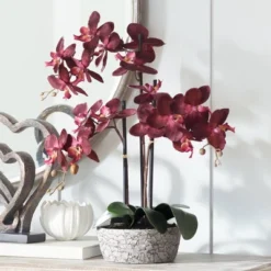 Studio 55D Potted Silk Faux Artificial Flower Realistic Red Orchid In Crackle Gray Vase For Home Decoration Living Room 24" High
