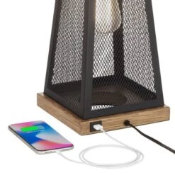 Franklin Iron Works Barris Industrial Table Lamp 26 3/4" High Metal Mesh With Nightlight LED USB Charging Port Burlap Shade For Living Room House Desk -Adesso Store GUEST a1f68d64 2329 42e1 b473 cce83e021488