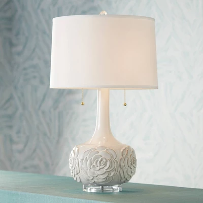 Possini Euro Design Natalia Modern Country Cottage Table Lamp 27" Tall White Ceramic Glaze Textured Floral Drum Shade For Bedroom Living Room Bedside 3 Possini Euro Design Natalia Modern Country Cottage Table Lamp 27" Tall White Ceramic Glaze Textured Floral Drum Shade For Bedroom Living Room Bedside