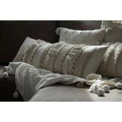 White Oversized 14x36" Hand Woven Decorative Cotton And Jute Lumbar Throw Pillow With Hand Tied Fringe - Foreside Home & Garden -Adesso Store GUEST bf54b5fc a09d 43f6 9895 cca9c8afc49b