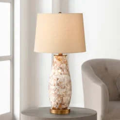 Regency Hill Cottage Table Lamps 26.5" High Set Of 2 Mother Of Pearl Tile Vase Beige Drum Shade For Living Room Family Bedroom Bedside Office -Adesso Store GUEST bf7cd61e 852e 4653 9ae4 434eba767354