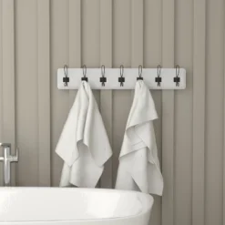 Emma And Oliver 34" Solid White Rustic Wall Hanging Storage Rack With Hooks For Entryway, Kitchen, Bathroom And More -Adesso Store GUEST cc144a56 57a1 4068 9bc4 9c486671ce56