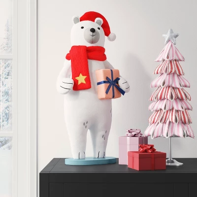 23.5" Fabric Polar Bear Holding Gift Animal Statue - Wondershop™ White 3 23.5" Fabric Polar Bear Holding Gift Animal Statue - Wondershop™ White