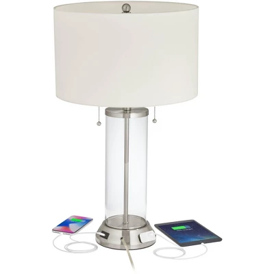 Possini Euro Design Fritz Modern Table Lamps 26 1/2" High Set Of 2 Silver Clear Glass With USB And AC Power Outlet In Base Drum Shade For Bedroom Desk 4 Possini Euro Design Fritz Modern Table Lamps 26 1/2" High Set Of 2 Silver Clear Glass With USB And AC Power Outlet In Base Drum Shade For Bedroom Desk - Image 2
