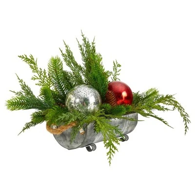 Nearly Natural 18-in Holiday Winter Cedar Pine Artificial Table Christmas Arrangement With Ornaments, Home Décor 4 Nearly Natural 18-in Holiday Winter Cedar Pine Artificial Table Christmas Arrangement With Ornaments, Home Décor - Image 2