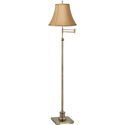 360 Lighting Traditional Swing Arm Floor Lamp Adjustable Height 70" Tall Antique Brass Tan Bell Shade Brown Trim For Living Room Reading 3 360 Lighting Traditional Swing Arm Floor Lamp Adjustable Height 70" Tall Antique Brass Tan Bell Shade Brown Trim For Living Room Reading