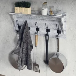 Emma And Oliver Rustic Country Wall Mounted Entryway Shelf With 5 Rustic Hooks And Wood Construction -Adesso Store GUEST fe2268c2 14c7 41ef 97e3 c6fd992e6fee
